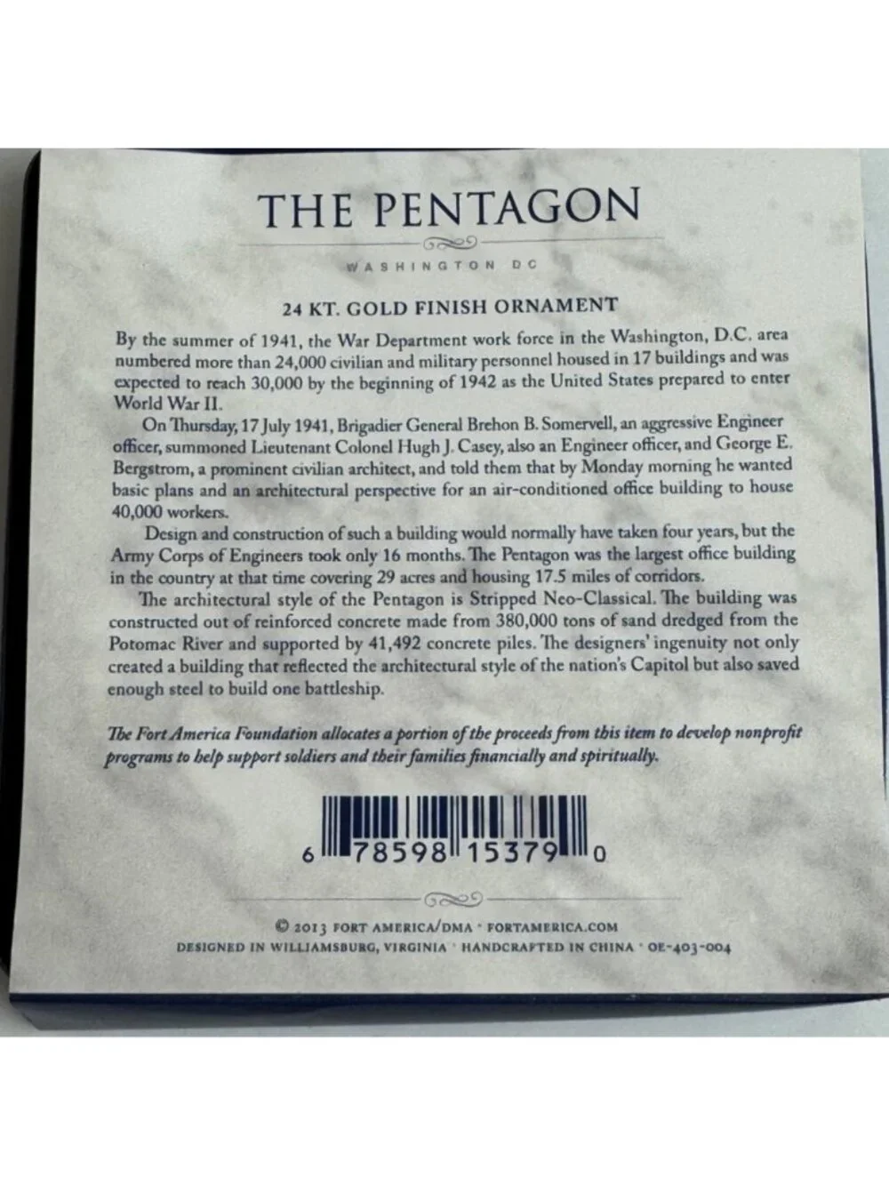 The Pentagon NIB Porcelain Brass Ornament 2013 Fort America 24 KT Gold Accents
